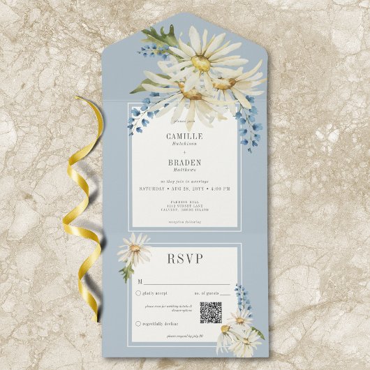 Rustieke Blauwe & Witte Waterverf Daisies QR Code All In One Uitnodiging