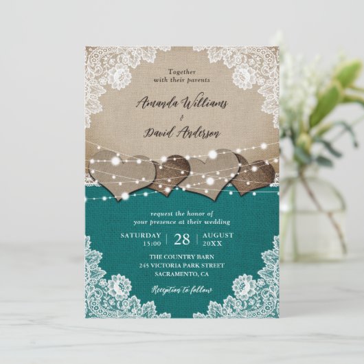 Rustieke Blauwgroen Burlap Lace String Lights Brui Kaart (Staand voorkant)