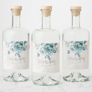 Rustieke Blauwgroen en Alabaster Peony Floral Likeurfles Etiket