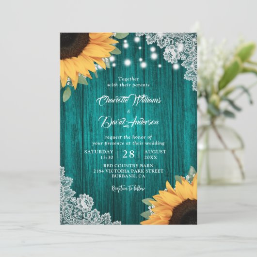 Rustieke Blauwgroen en Zonnebloem bruiloft uitnodi Kaart (Staand voorkant)