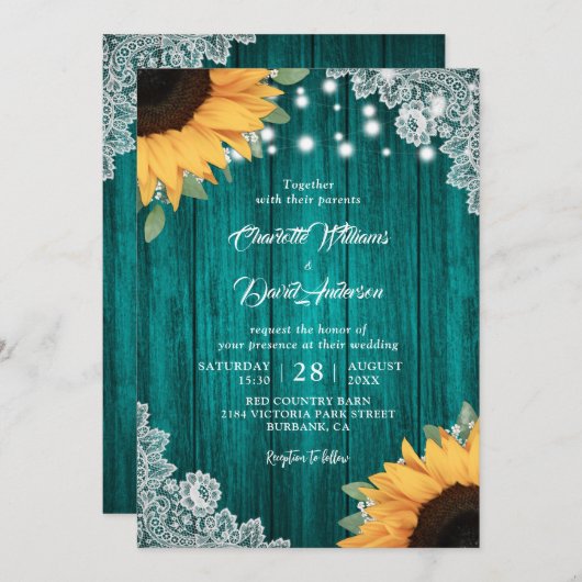Rustieke Blauwgroen en Zonnebloem bruiloft uitnodi Kaart (Voorkant / Achterkant)
