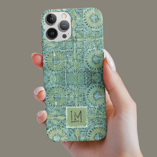 Rustieke Blauwgroen gestempelde  esthetische bloem iPhone 13 Hoesje