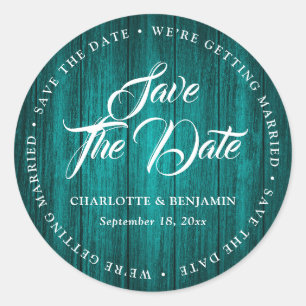 Rustieke Blauwgroen houten typografie bruiloft env Ronde Sticker