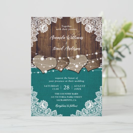 Rustieke Blauwgroen schuur hout burlap kant bruilo Kaart (Staand voorkant)