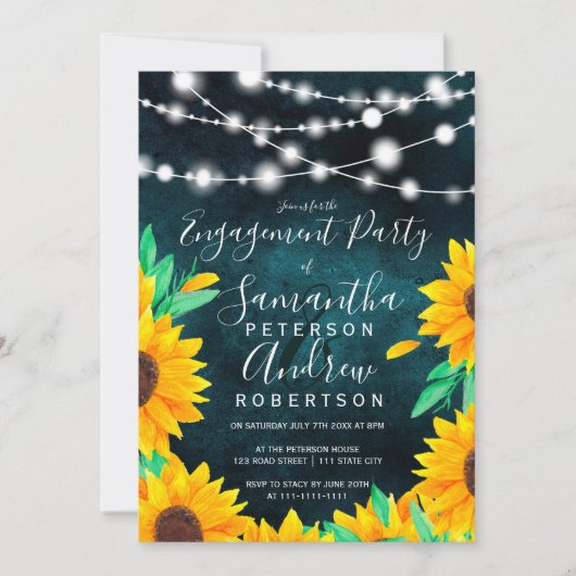 Rustieke blauwgroen string lichten zonnebloemen ve kaart (Voorkant)