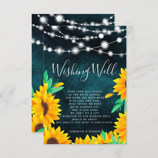 Rustieke blauwgroen string verlichting zonnebloeme informatiekaartje (Voorkant / Achterkant)