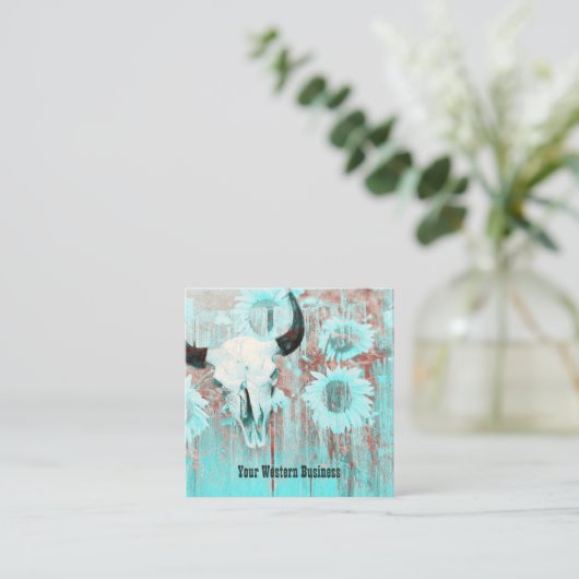 Rustieke Blauwgroen Westerne Country Bull Skull Zo Vierkante Visitekaartje (Staand voorkant)