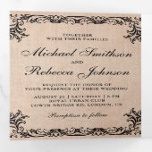 Rustieke Bloei  Grens Burlap Foto Huwelijk Drieluik Uitnodiging (Binnenzijde eerst)