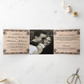 Rustieke Bloei  Grens Burlap Foto Huwelijk Drieluik Uitnodiging (Binnen)