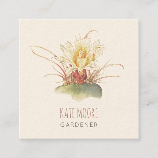 Rustieke Bloeiende Barrel Cactus Cream Gardener Vierkante Visitekaartje (Voorkant)