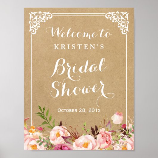 Rustieke Bloem Kraft Uiterlijk | Bruids Shower Bor Poster (Voorkant)