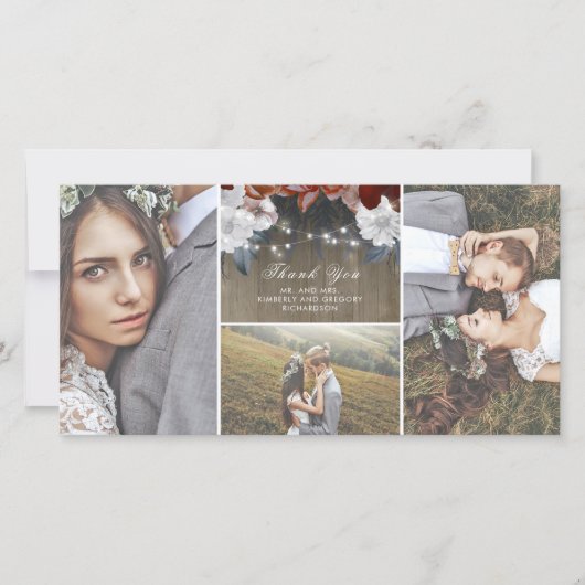 Rustieke bloem slingerlichten houten bruiloft beda bedankkaart (Voorkant)