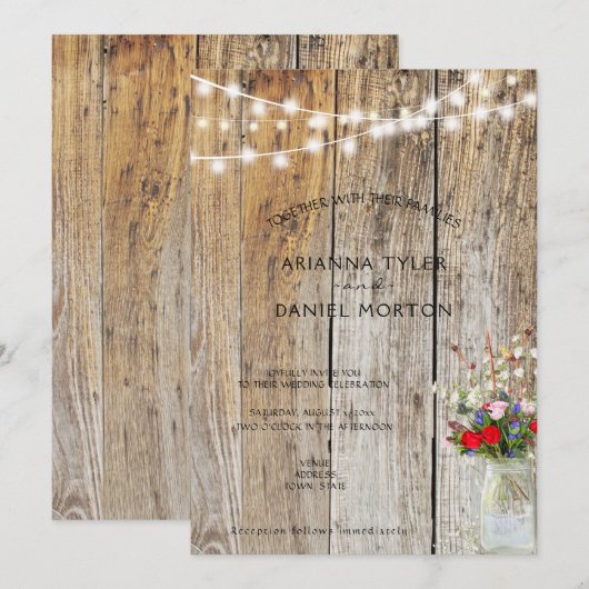 Rustieke bloemboeket metsenen vaas en slingerlicht kaart (Voorkant / Achterkant)