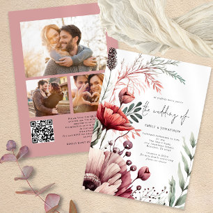 Rustieke bloemen 3 foto's QR code Bourgondië bruil Kaart