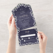 Rustieke Bloemen Baby's Breath Navy Blauw Hout Bru All In One Uitnodiging (Afscheurbaar)