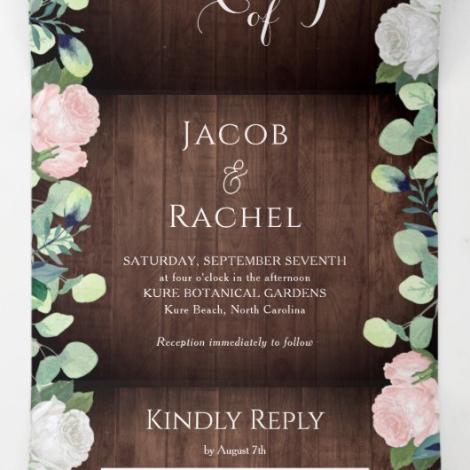 Rustieke Bloemen Blush Roze Rozen Groen Bruiloft Drieluik Uitnodiging (Binnenkant midden)