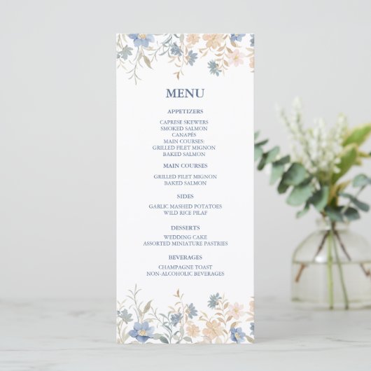 Rustieke Bloemen Boho Blauw en Beige bruiloft Menu (Staand voorkant)