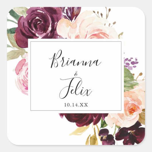 Rustieke Bloemen Botanische Bruiloft Envelope Seal Vierkante Sticker (Voorkant)