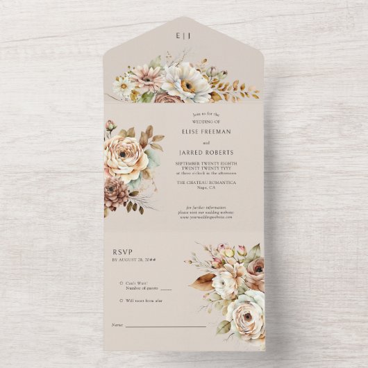 Rustieke Bloemen Bruiloft Herfst Landbloemen All In One Uitnodiging (Binnen)