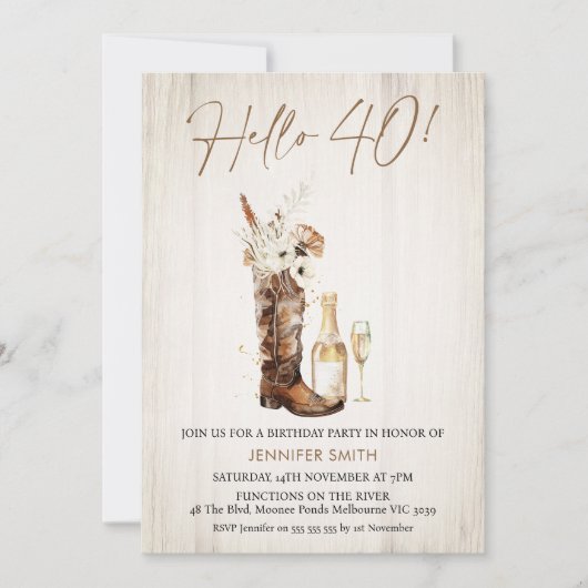 Rustieke Bloemen Cowgirl Boot Bottle 40ste Verjaar Kaart (Voorkant)