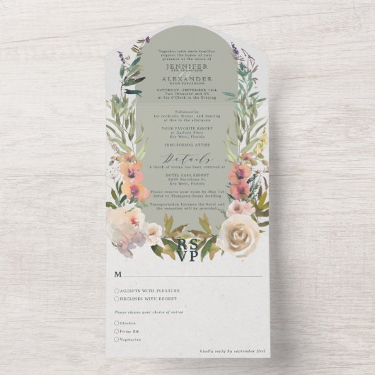 Rustieke Bloemen Groene Salie bruiloft All In One Uitnodiging (Binnen)