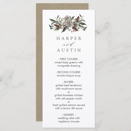 Rustieke Bloemen Herfst Winter Bruiloft Menu (Voorkant / Achterkant)