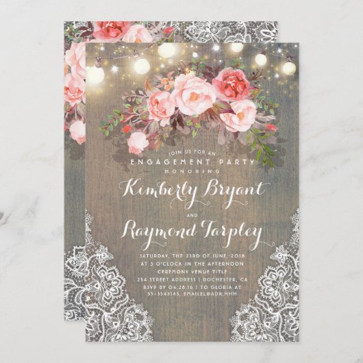 Rustieke Bloemen Kant Lights Wood Engagement Party Kaart (Voorkant / Achterkant)