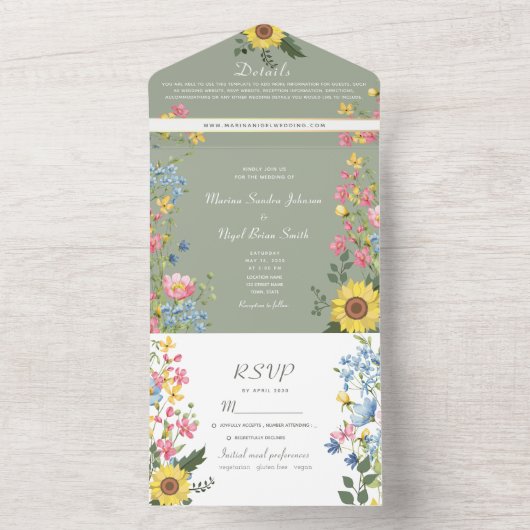Rustieke Bloemen Kleurrijke Huwelijk All In One Uitnodiging (Binnen)
