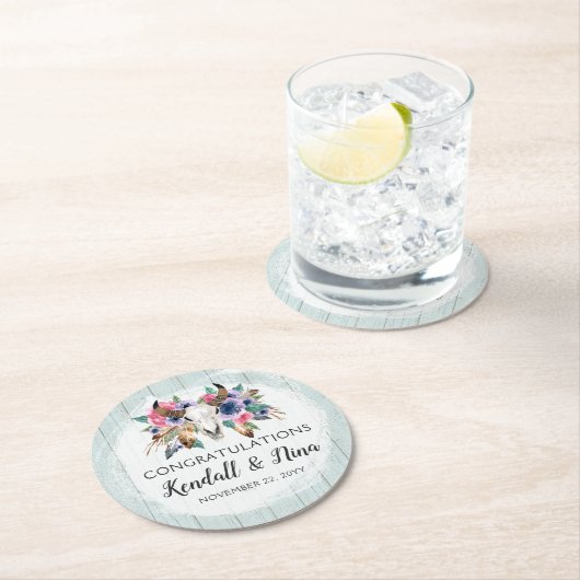 Rustieke Bloemen Koe Schedel Waterverf Boho Bruilo Ronde Kartonnen Onderzetter (Insitu)