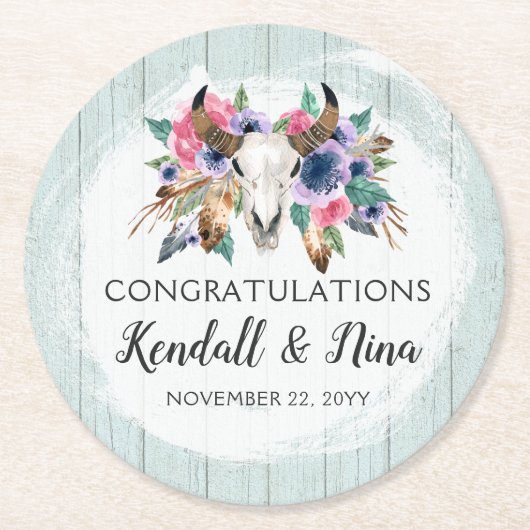 Rustieke Bloemen Koe Schedel Waterverf Boho Bruilo Ronde Kartonnen Onderzetter (Voorkant)