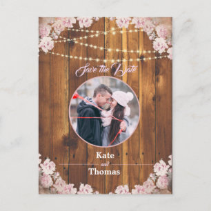 Rustieke Bloemen Lichte String Hout Save the Date  Aankondigingskaart