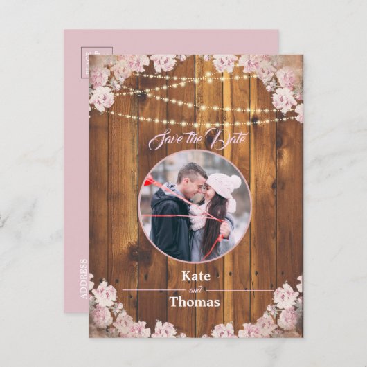 Rustieke Bloemen Lichte String Hout Save the Date Aankondigingskaart (Voorkant / Achterkant)
