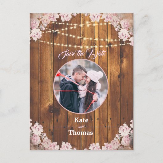 Rustieke Bloemen Lichte String Hout Save the Date Aankondigingskaart (Voorkant)