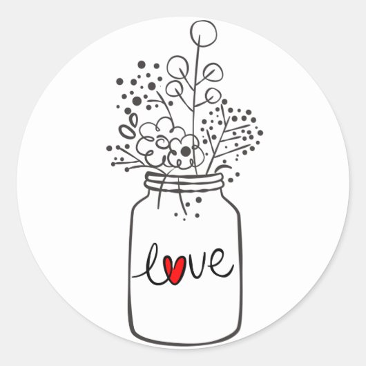 Rustieke Bloemen Mason Jar Bloem Zwart Wit Bruilof Ronde Sticker (Voorkant)