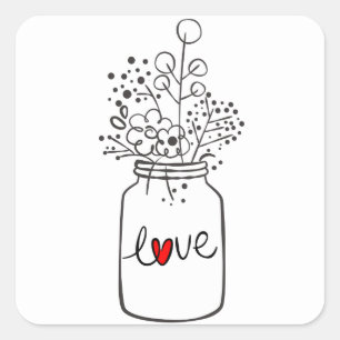Rustieke Bloemen Mason Jar Bloem Zwart Wit Bruilof Vierkante Sticker