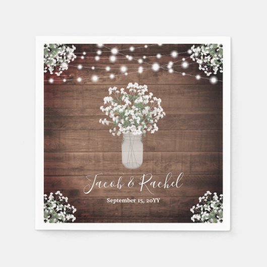 Rustieke Bloemen Mason Jar & String Lights Bruilof Servet (Voorkant)