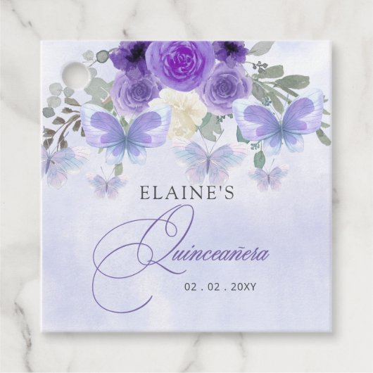 Rustieke Bloemen Paarse Lila Vlinders Quinceanera Bedankjes Labels (Voorkant)