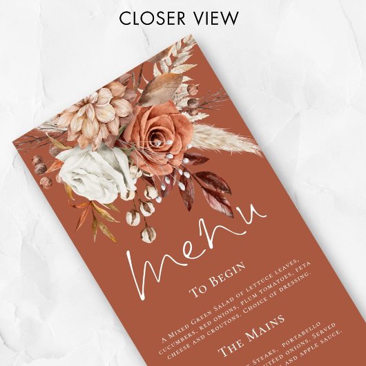 Rustieke Bloemen Pampas Grassen bruiloft Terracott Menu