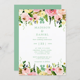 Rustieke Bloemen Roze en Mint Green Wedding Kaart