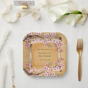 Rustieke Bloemen Scroll Kersenbloesem Huwelijk Papieren Bordje