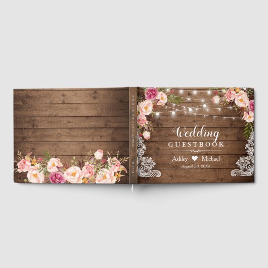 Rustieke Bloemen String Lights Kant Bruiloft Gastenboek (Volledig)