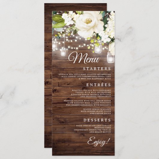 Rustieke Bloemen String Lights Trouwdiner Menu (Voorkant / Achterkant)