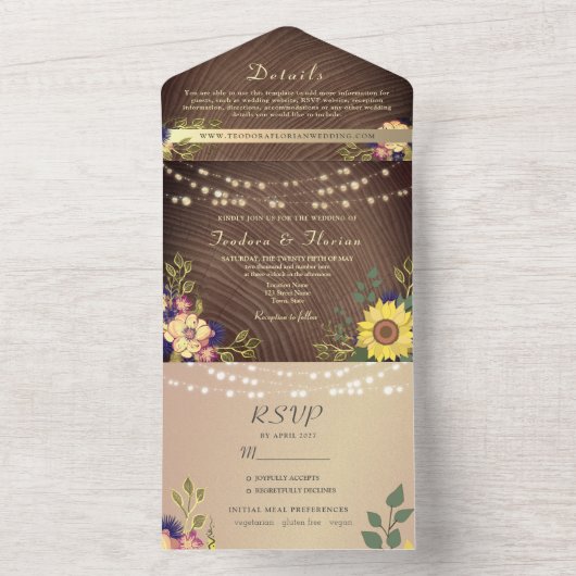 Rustieke Bloemen String Lights Wedding All In One Uitnodiging (Binnen)