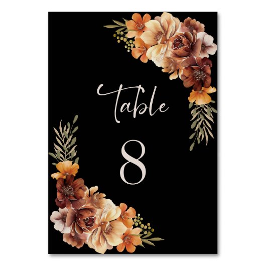 Rustieke Bloemen Zwarte Trouwtafel Nummer Kaart (Voorkant)