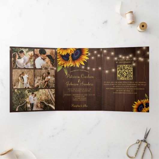 Rustieke bloemencollage QR RSVP bruiloft Drieluik Uitnodiging (Binnen)