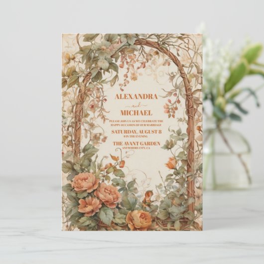 rustieke bloemenkunst nouveau bruiloft kaart (Staand voorkant)