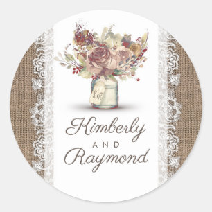 Rustieke  bloemenmason Jar   Burlap bruiloft Ronde Sticker