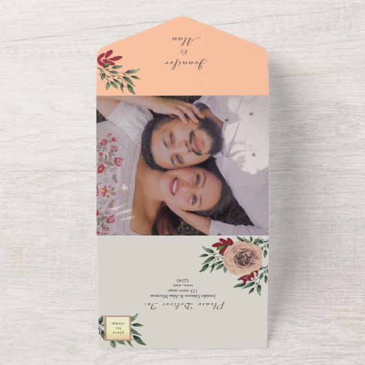 Rustieke bloemenperzik Fuzz bruiloft All In One Uitnodiging (Buitenkant)