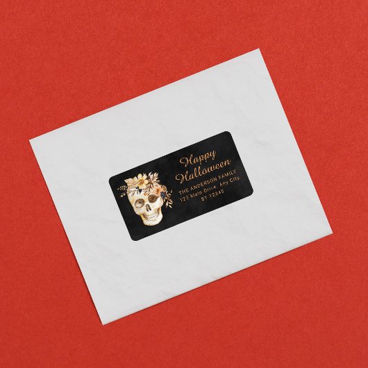 Rustieke Bloemenschedel Halloween Etiket