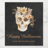 Rustieke Bloemenschedel Halloween Wijn Etiket (Enkel label)